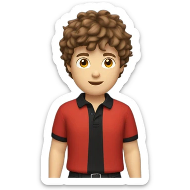 Caucasian-boy-child-shaggy-brown-hair-red-polo-shirt-black-trousers sticker