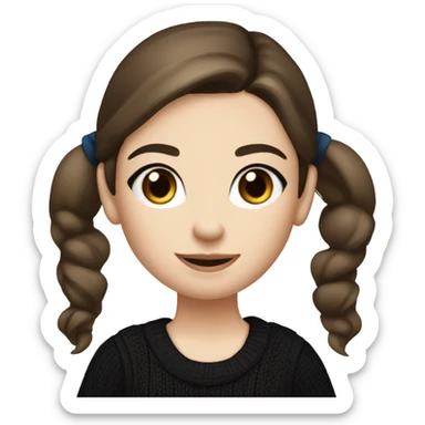 caucasian white IT girl student, holding laptop, blue eyes, dark brown hair ponytail wearing a thick black sweater sticker