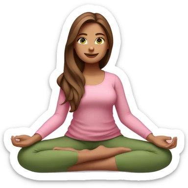 A girl with brown long hair, fair skin and green eyes is meditating in a relaxed lotus position in a comfortable pink top and pink leggings sticker