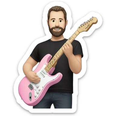 white man with dark beard and black t shirt and pastel pink stratocaster electric guitar sticker