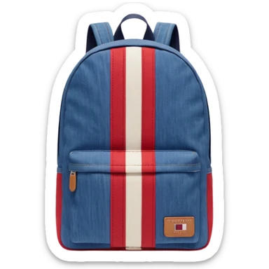 denim backpack with bold red, white, and navy vertical stripes, minimal and flat design, front view, inspired by Tommy Jeans style."
 sticker