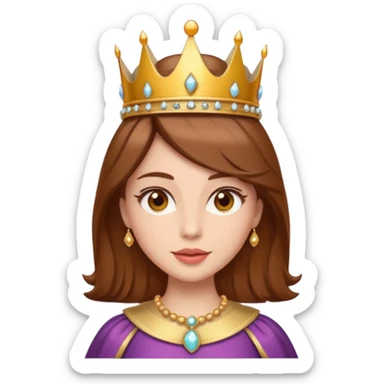 vull un perosnatge estil bimoji que sigui una figura radiante y serena. Se la describe como hermosa y deseable. Cabello castaño y labios carnosos y de un color meocoton, ojos color miel y una vestimenta digna de la realeza, sin olvidar su corona sticker