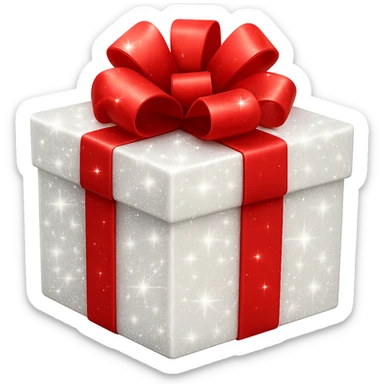 Add sparkles to the white wrapped present. Keep the background transparent. The style is a white wrapped present with a transparent background. sticker