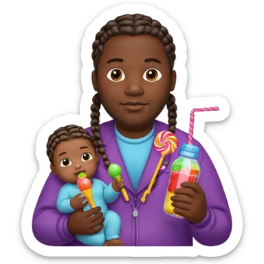Big black man with braids hold a  baby bottle and a lollipop sticker