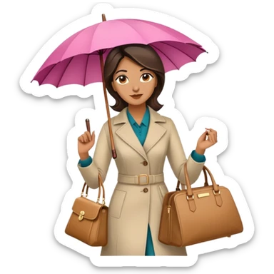 A 37 year old Pakistani woman holding a parasol. She also has a handbag and is walking down a street in a stylish manner. sticker