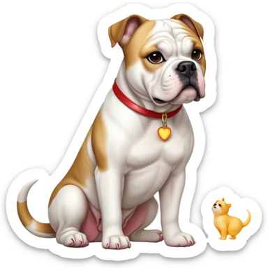 cinematic-[american bulldog]-realistic-full-body-sitting-emoji,-tail-resting-loosely-beside-its-paws,-head-tilted-dramatically,-sleek-[white]-fur,-simplified-yet-realistic-focused-features,-highly-detailed,-glowing-with-an-almost-sarcastic-glow sticker