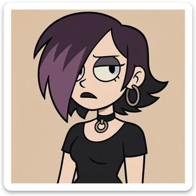 goth girl with purple asymmetrical hair, blue eyes, pale skin, cartoon style sticker