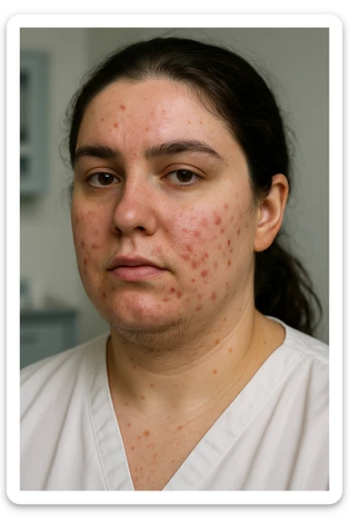 very realistic 3D medical portrait of a woman with PCOS, acne and hair under chin, clinical details, professional atmosphere, aspect ratio 2:3 sticker