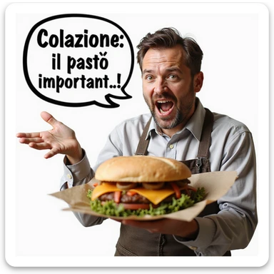 hyperrealistic 4K man isolated on white background with a speech bubble saying 'Colazione: il pasto più importante!', enthusiastic expression, realistic details sticker