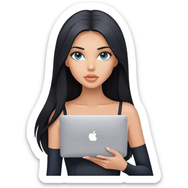 Glamours tanned very beautiful girl with pump peach nude lips and black straight smooth long hair, blue-grey eyes in black bodysuit with MacBook sticker