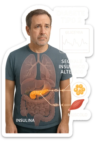 a middle-aged man stands in a clinical setting, with a semi-transparent overlay showing his internal organs. His pancreas is highlighted, and glowing lines or icons indicate disrupted insulin signaling between the pancreas and muscle or fat cells. The man’s expression is slightly concerned, and a digital chart beside him displays fluctuating blood sugar levels. The lighting is realistic, with a clean, modern medical background. scritte in italiano sticker