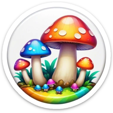 A round psychedelic colored button with bezeled edges and rainbow colored mushrooms sticker