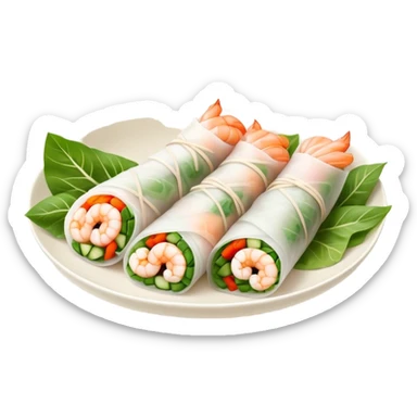 Cinematic Realistic Vietnamese Summer Rolls Dish Emoji, depicted with delicate rice paper wraps filled with fresh vegetables and shrimp rendered with crisp textures and refreshing lighting. sticker