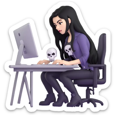 female Punisher skull character with long black hair working on computer sticker
