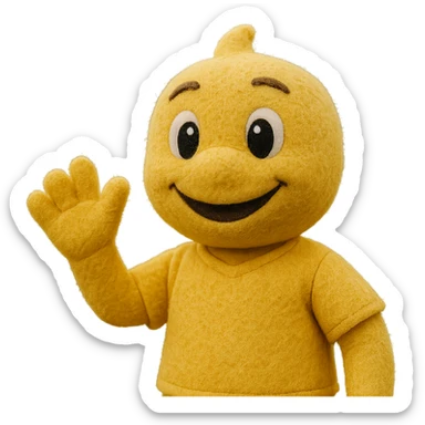 yellow athletic mascot with soft fuzzy texture and big eyes, fun and engaging, waving cheerfully sticker
