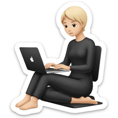 Minimalistic flat vector icon, iOS style, thin black contour on white background. Person silhouette sitting with a laptop, code brackets <> on the screen. Clean, no te sticker