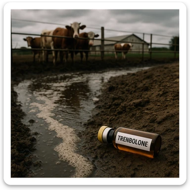 realistic image showing wastewater from a cattle farm with a vial or label 'Trenbolone' visible near the water, rural environment, serious atmosphere, realistic details sticker