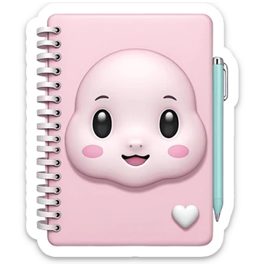Pastel pink kawaii 3D notebook, soft shadows, cute white details, glossy finish sticker