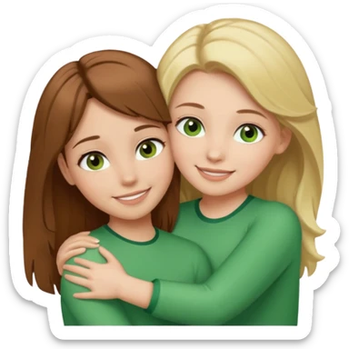 Maman : cheveux marrons, yeux marrons peau blanche fille cheveux blond yeux verts peau blanche qui se font un câlin  sticker