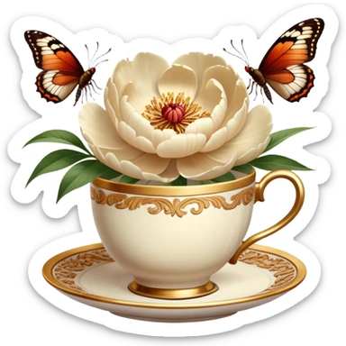 Soft beige peonies bloom beside an ornate gold coffee cup, while butterflies with cinnamon and brick-red wings flutter gently. Warm, vintage light enhances the scene. sticker