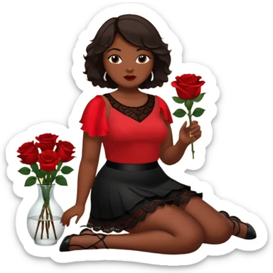 A plus-size black woman with short, straight, dark brown hair is wearing a red sleeveless shirt and a black lace ruffled skirt. She is holding a rose and sitting on the floor with her legs crossed. On the floor is a glass vase with red roses. sticker