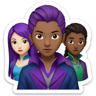 Solo poly platonic relationship, one African girl, one Asian boy, one biracial features Asian tomboy girl rat-tail hair long and upper masculine hair 90s, vampire and marvel cosplay elements inspired  use marvel race, like instead of obvious human, green purple blue etc,  sticker