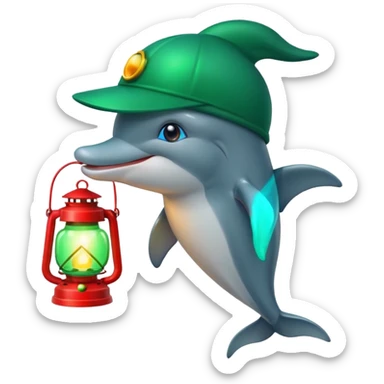 dolphin wearing green hat and a lantern with red light sticker
