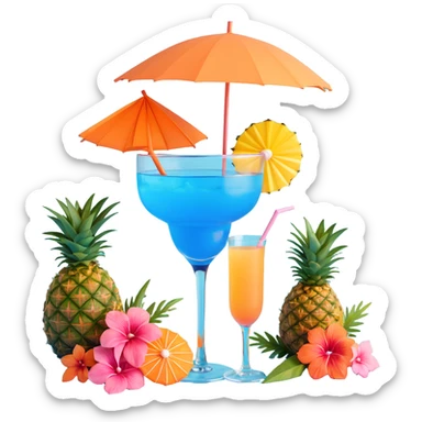 blue tropical cocktail with hibiscus, pineapple, and tiny pastel paper umbrella garnishes sticker