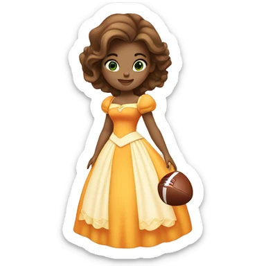White Disney princess Belle with green eyes in orange and white dress holding a football sticker