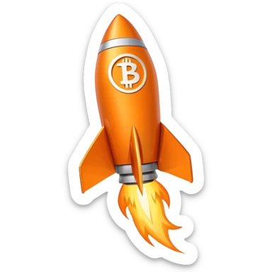 An orange rocket with the bitcoin symbol flying up and to the right sticker