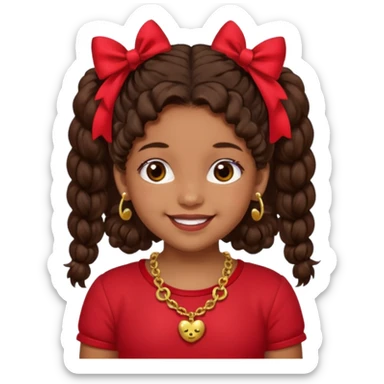 Brownskin girl dark brown hair fluffy. pigtails with red bows brown eyes smiling closed mouth red shirt gold esrrings gold necklace sticker