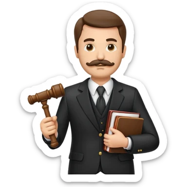 “Create a clean, modern emoji-style illustration of a male lawyer. He is wearing a formal suit jacket. He is holding a judge’s gavel in one hand and has a law book tucked under his arm. He has a mustache and beard! sticker