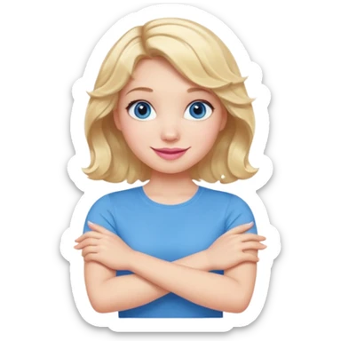 Girl Blonde short wavy hair,  blue eyes, cute blue top, long lashes, pink lips, smiling, making cross arms with arms  sticker