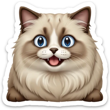 Cinematic Adorable Fluffy Brown Seal Ragdoll Cat Portrait Emoji, Head tilted cutely with big, sparkling blue eyes, soft brown seal-colored fur with darker points on the ears, face, and paws, Simplified yet irresistibly adorable features, highly detailed, glowing with a soft, warm glow, high shine, yawning in a peaceful and playful manner, stylized with a touch of whimsy, bright and endearing, soft glowing outline, capturing the essence of a relaxed and loving kitten, so cute it feels like it could leap out of the screen and stretch into a cozy nap! sticker