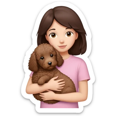 One girl with medium long dark brown hair dressing baby pink T-shirt, hugging One little brown coated labradoodle. sticker