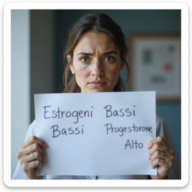hyperrealistic 4K image of a woman with hormonal imbalance, face with acne, holding a medical report with clearly visible text 'Estrogeni Bassi' and 'Progesterone Alto', worried expression, clinical environment sticker