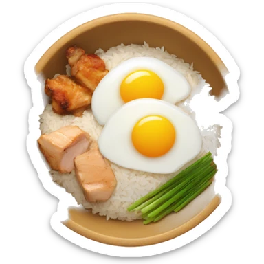 a bowl of rice with two eggs and chicken thigh sticker