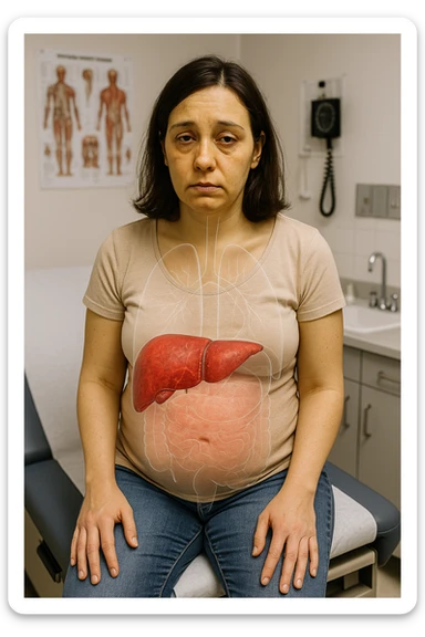 a woman in her 30s sits on a doctor’s examination table, her skin slightly yellowish (jaundice) and her expression tired. A transparent anatomical overlay highlights her liver, which appears enlarged and inflamed with a reddish, congested look. Subtle visual cues—such as dark circles under her eyes and a bloated abdomen—emphasize the symptoms of liver overload and toxicity. The background is a clinical setting, with medical charts and equipment. sticker