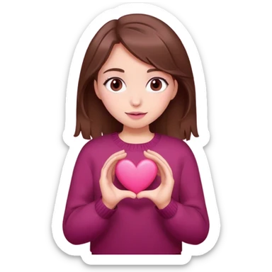 A girl with brown hair smiles, gray eyes, wearing a burgundy sweater, holding a pink heart in her hands sticker