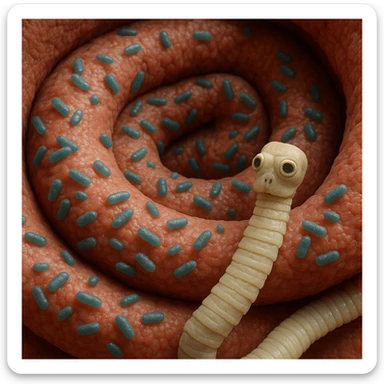 a medical illustration of a human realistic gut with bacteria and parasyte (tenia) realistic 4k real   sticker