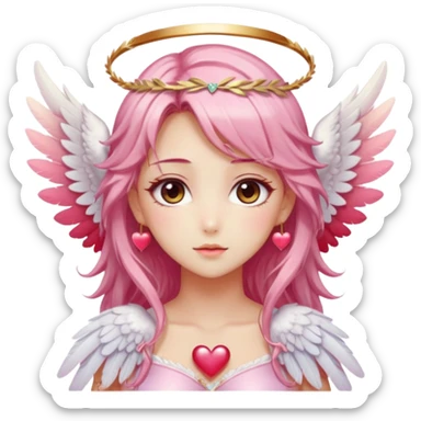 Dreamy pretty pastel anime flowers feathers hearts wings angelic laurel lady with pretty hair and gorgeous eyes, romantic aesthetic, reds, pinks, golds, whites, gradient hues, shiny, sparkly, cute, beautiful, sexy sticker