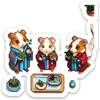 pixel art scene of a hamster cult celebrating with THC weed at a pool party, cheese platters included, vibrant and playful sticker