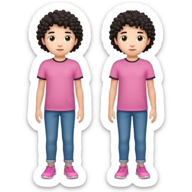 Kid boy wearing pink T-shirt, black curly hair, full body sticker