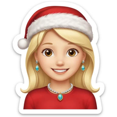 blonde girl smiling with jewelry and Santa hat sticker