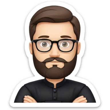 Emoji of a bearded man with glasses, wearing a black traditional outfit, arms crossed, confident expression, smooth and cartoon-like with a transparent background. sticker