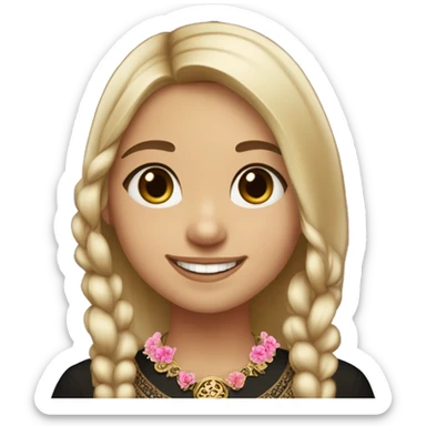 Slavic girl, light skin, brown eyes, black-to-blonde ombre straight tail, smiling with teeth, wearing beautiful dark blouse with a folk pattern of small pink flowers and gold necklace. sticker