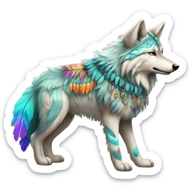 Fluffy Shy Colorful Spiritual Shamanic Wolf With Shiny Tribal Markings wearing feathers Full Body sticker