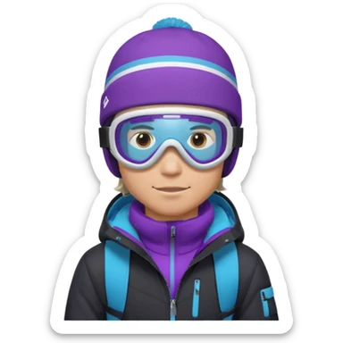 male Pro Snowboarder with white and grey beanie, ONE pair of purple and blue frameless goggles on and a black jacket sticker