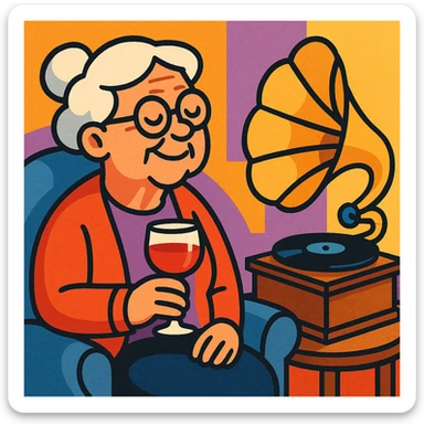 old lady with wineglass listening to gramophone sticker
