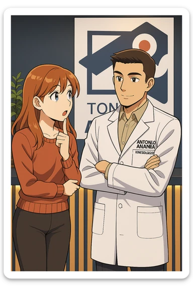 su questo stile fai un manga/webtoon a colori in cui una donna incuriosita fa una DOMANDA ALL'UOMO, l'uomo della foto in stile manga LE risponde, mantieni un ambiente simile alla foto che ho allegato con il suo logo (sarebbe il suo studio, lui è un kinesiologo), scrivigli "ANTONIO ANANIA" sul camice bianco, non mettere fumetti, ma fai in modo che sembri che la donna CHIEDA curiosa E L'UOMO le risponda sticker